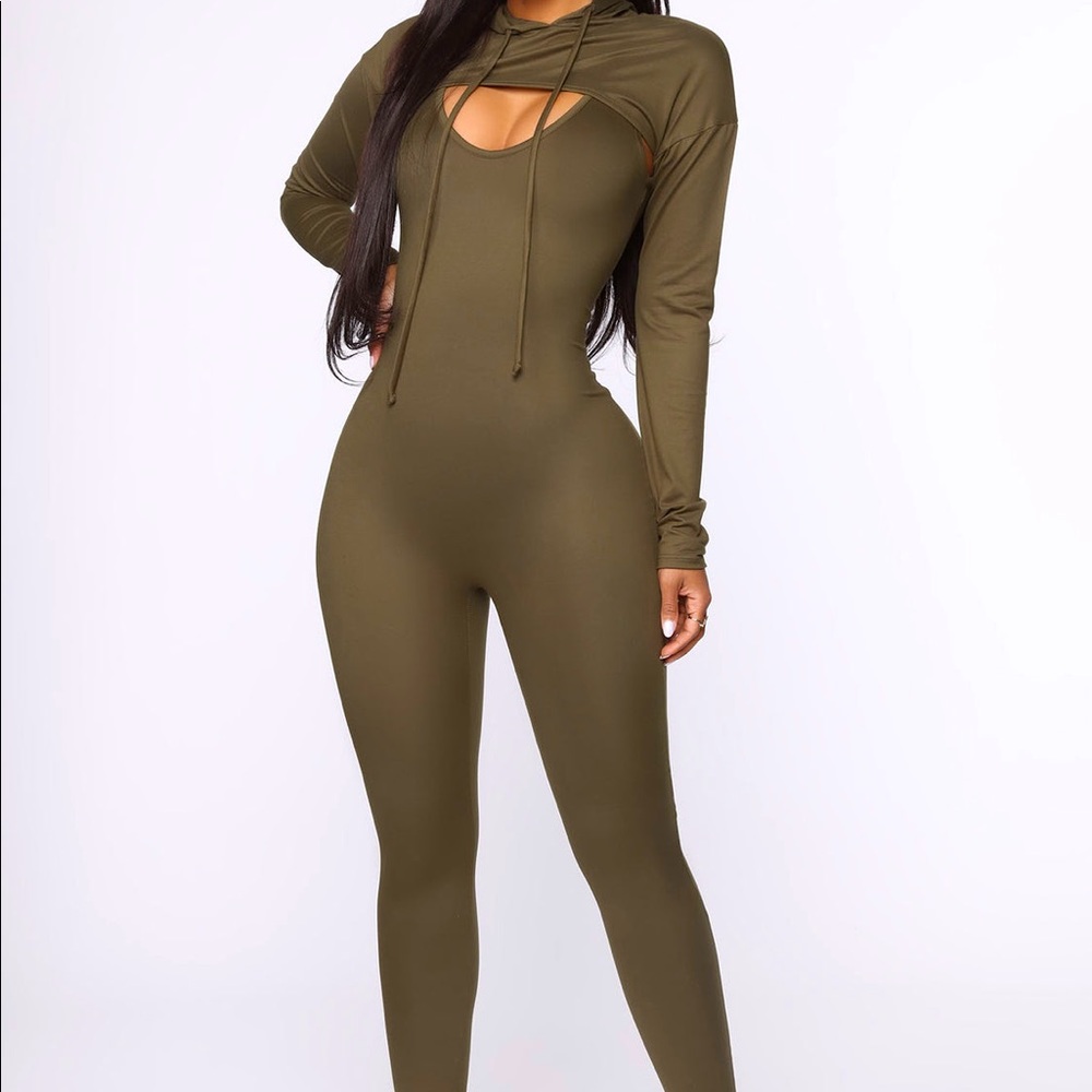 Olive hooded two piece jumpsuit.